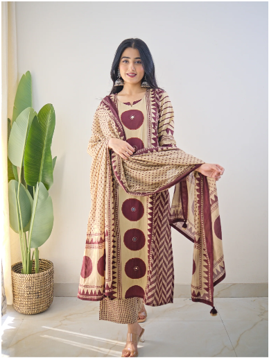 Bna Bnaya Blue Cotton Ajrakh Katha Detailed Dupatta Set