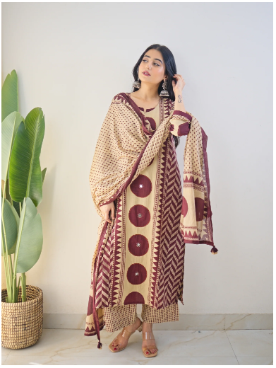 Bna Bnaya Blue Cotton Ajrakh Katha Detailed Dupatta Set