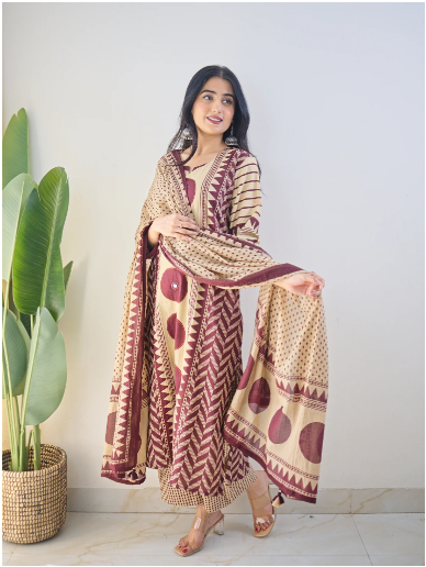 Bna Bnaya Blue Cotton Ajrakh Katha Detailed Dupatta Set